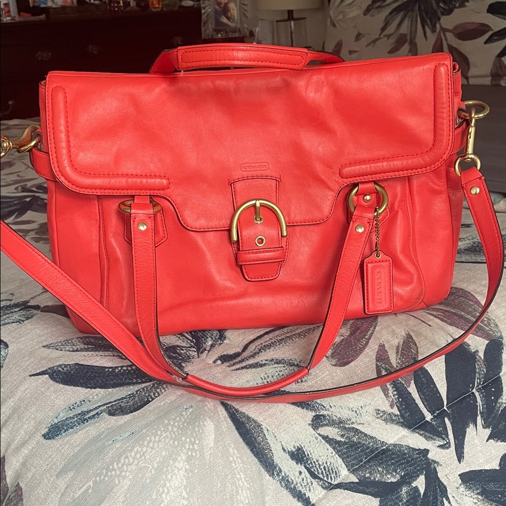 Coach Red Leather Satchel with Gold Accents